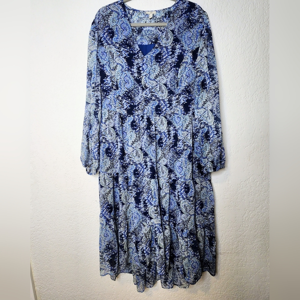 Joie Blue Parisian Paisley Chiffon Balloon Maxi Dress Sz XXL NwT Tiered Ruffles - Picture 2 of 15
